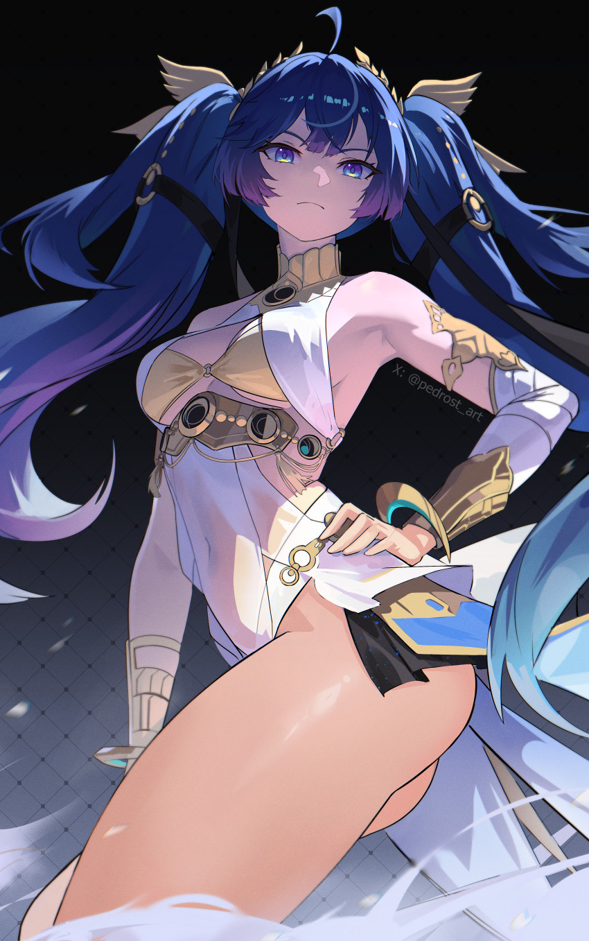 1girl absurdres ahoge ancient_greek_clothes armpits ass bare_shoulders black_skirt blue_eyes blue_hair breasts closed_mouth commentary cowboy_shot from_side gold_bra greco-roman_clothes hand_on_own_hip head_wreath highres iuno_(wuthering_waves) long_hair looking_at_viewer medium_breasts pedrost_art showgirl_skirt skirt solo thighs twintails wuthering_waves