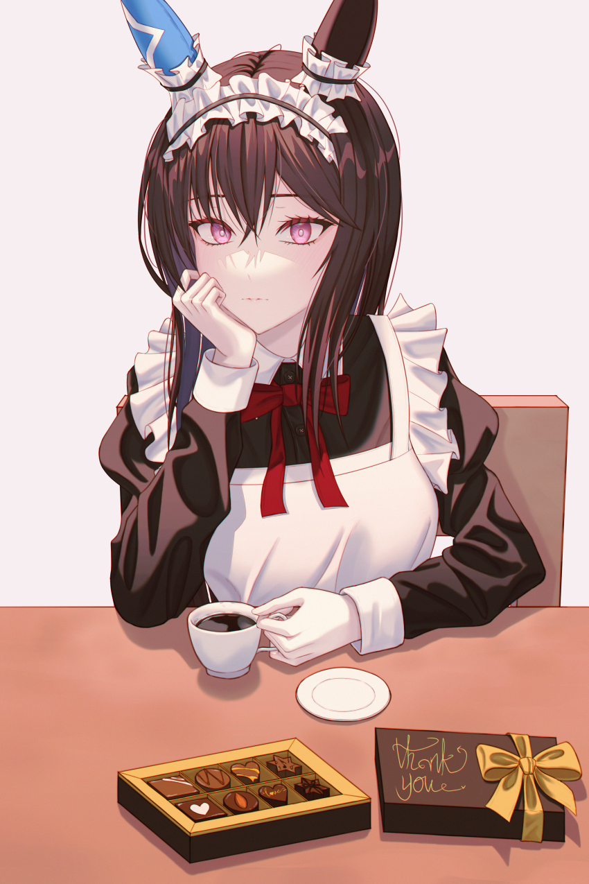 1girl absurdres admire_vega_(umamusume) alternate_costume animal_ears box box_of_chocolates brown_dress coffee commentary_request cup dress ear_covers enmaided frilled_dress frills hair_between_eyes hand_on_own_face head_rest highres holding holding_cup horse_ears horse_girl juliet_sleeves long_sleeves maid maid_headdress puffy_sleeves purple_eyes rang_c red_eyes sidelocks simple_background single_ear_cover sitting solo table umamusume upper_body valentine white_background wooden_floor wooden_table