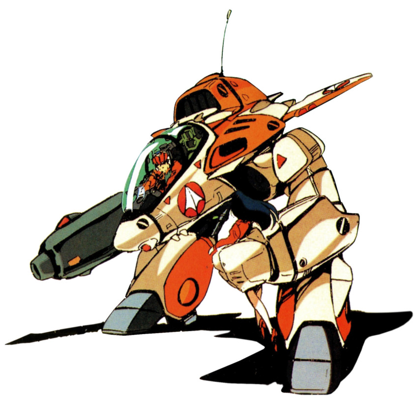 1980s_(style) 1boy 1girl black_hair canopy_(aircraft) chibi choujikuu_yousai_macross gerwalk gunpod helmet highres ichijou_hikaru kawamori_shouji long_hair lynn_minmay macross magazine_scan mecha oldschool parody pilot_suit radio_antenna retro_artstyle robot robotech roundel scan scarf science_fiction shadow spoilers traditional_media u.n._spacy veritech vf-1 vf-1d white_background