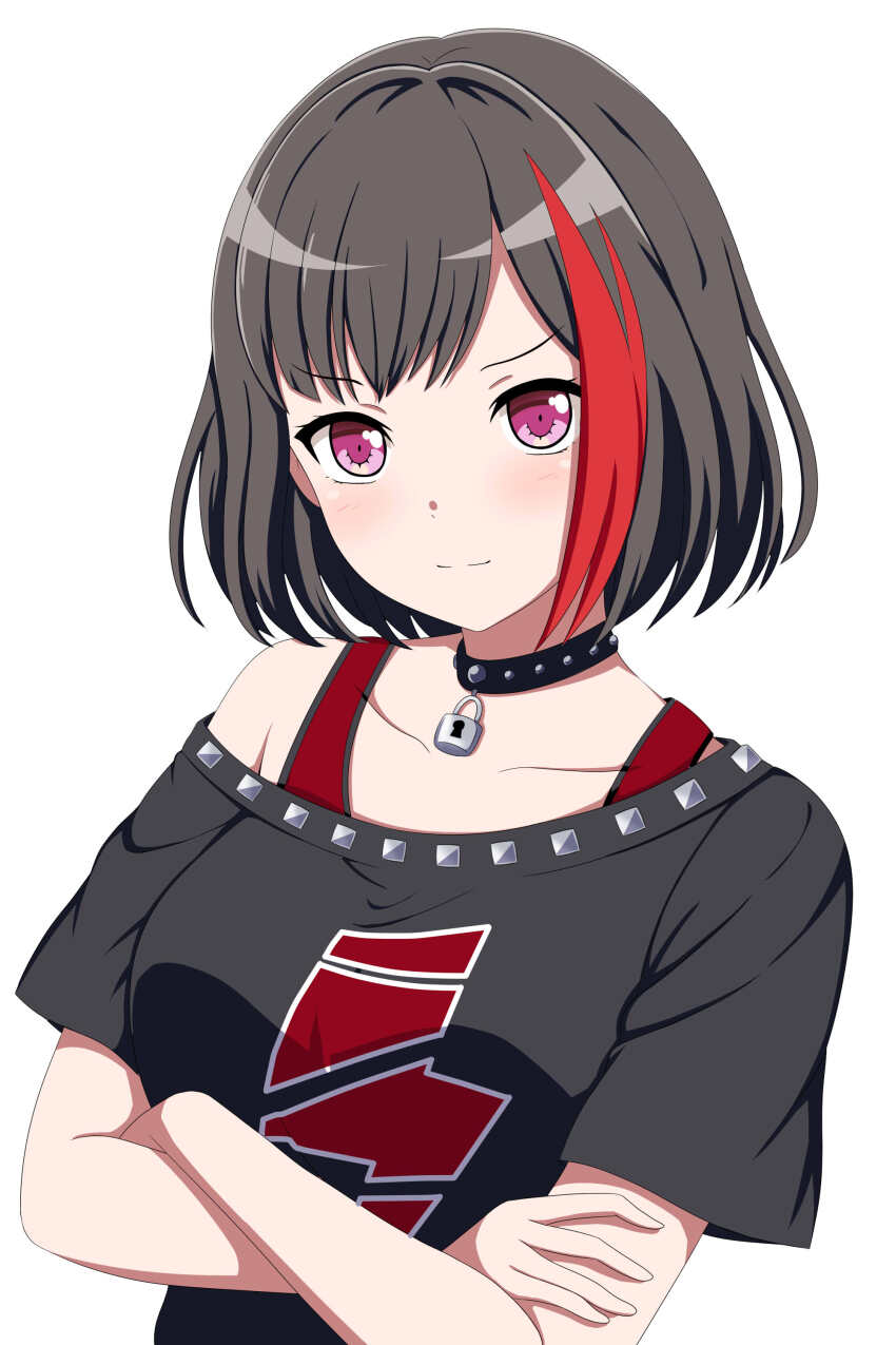 1girl absurdres bad_id bad_twitter_id bang_dream! black_choker black_hair blush breasts choker closed_mouth collarbone crossed_arms highres inactive_account medium_breasts mitake_ran multicolored_hair padlocked_choker pink_eyes red_hair seiso-kei_yurufuwa_bishoujo short_hair simple_background single_off_shoulder smile solo split_mouth streaked_hair studded_choker v-shaped_eyebrows white_background