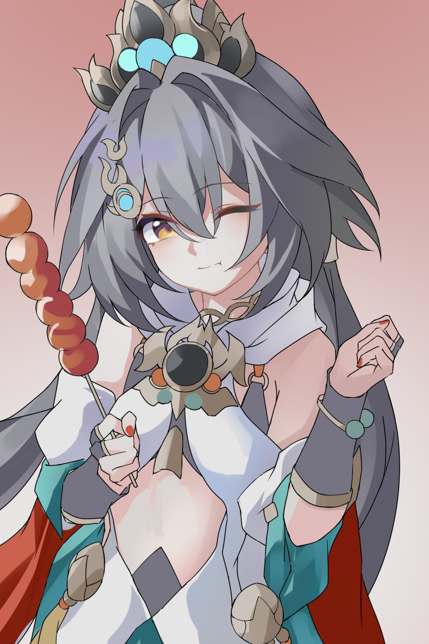 1girl absurdres aqua_skirt arm_armor bare_shoulders berrypheasant_skewer_(honkai:_star_rail) bracelet chinese_clothes chinese_commentary clenched_hand closed_mouth clothing_cutout commentary_request evzeva fingernails gold_bracelet gradient_background grey_hair hair_between_eyes hair_ornament hands_up headpiece highres holding holding_skewer honkai:_star_rail honkai_(series) jewelry long_hair looking_at_viewer low_twintails nail_polish one_eye_closed red_background red_nails short_sleeves simple_background skewer skirt smile solo standing tanghulu tank_top tassel twintails white_background white_sleeves white_tank_top yellow_eyes yunli_(honkai:_star_rail)