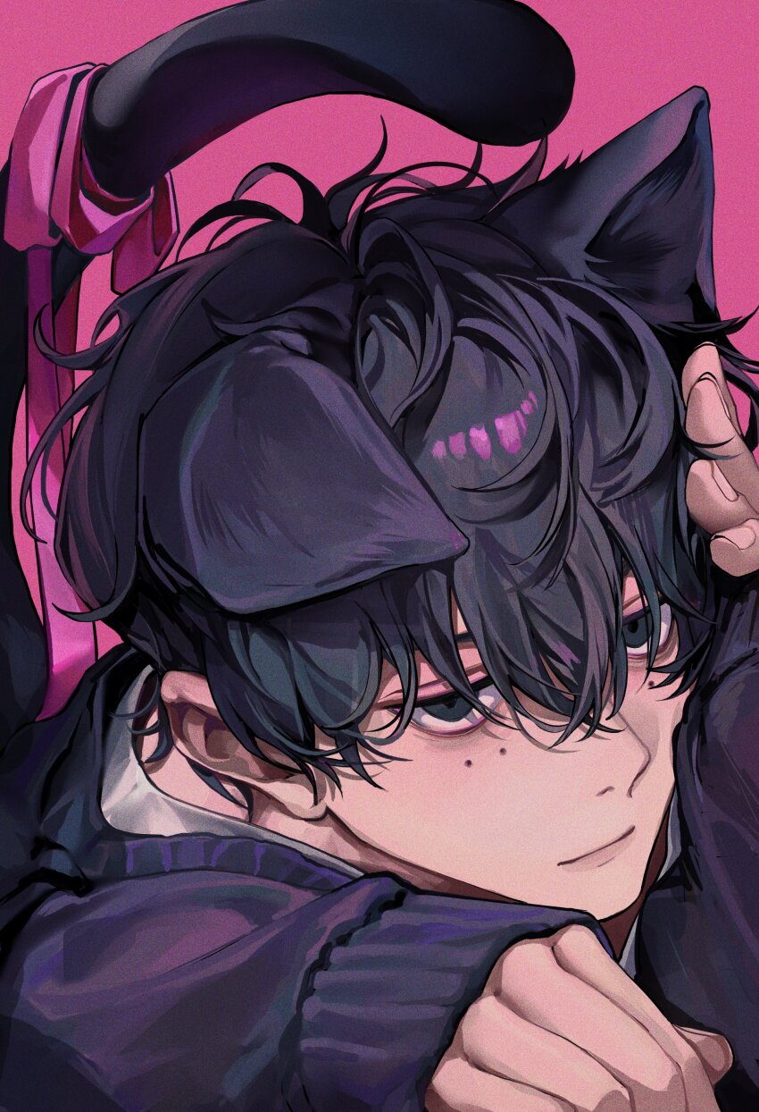 1boy absurdres animal_ears black_cardigan black_eyes black_hair cardigan cat_boy cat_ears cat_tail close-up closed_mouth expressionless half-closed_eyes hand_on_own_head head_rest highres looking_at_viewer male_focus mole mole_under_eye pink_background popo_6996 ribbon sakamoto_days seba_natsuki short_hair solo tail tail_ornament tail_ribbon wavy_hair