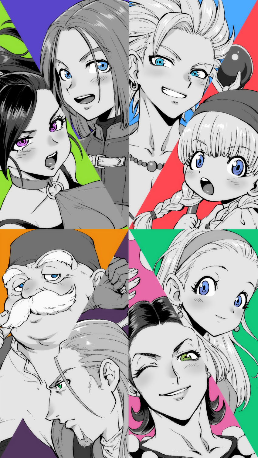 3girls 5boys :d bead_necklace beads blue_background blue_eyes braid camus_(dq11) collarbone commentary_request dragon_quest dragon_quest_xi earrings everyone facial_hair grandfather_and_grandson green_background green_eyes greig_(dq11) greyscale_with_colored_background greyscale_with_colored_eyes grin hair_slicked_back hairband hat hero_(dq11) highres holding holding_staff hoop_earrings jewelry long_hair looking_ahead looking_at_viewer low_twin_braids martina_(dq11) medium_hair multiple_boys multiple_girls mustache necklace o-ring o-ring_top old old_man one_eye_closed open_mouth orange_background parted_hair pink_background profile purple_background purple_eyes red_background riko_(k_riko) row_(dq11) senya_(dq11) short_hair siblings sisters smile sphere_earrings spiked_hair staff stud_earrings sylvia_(dq11) twin_braids twins veronica_(dq11)