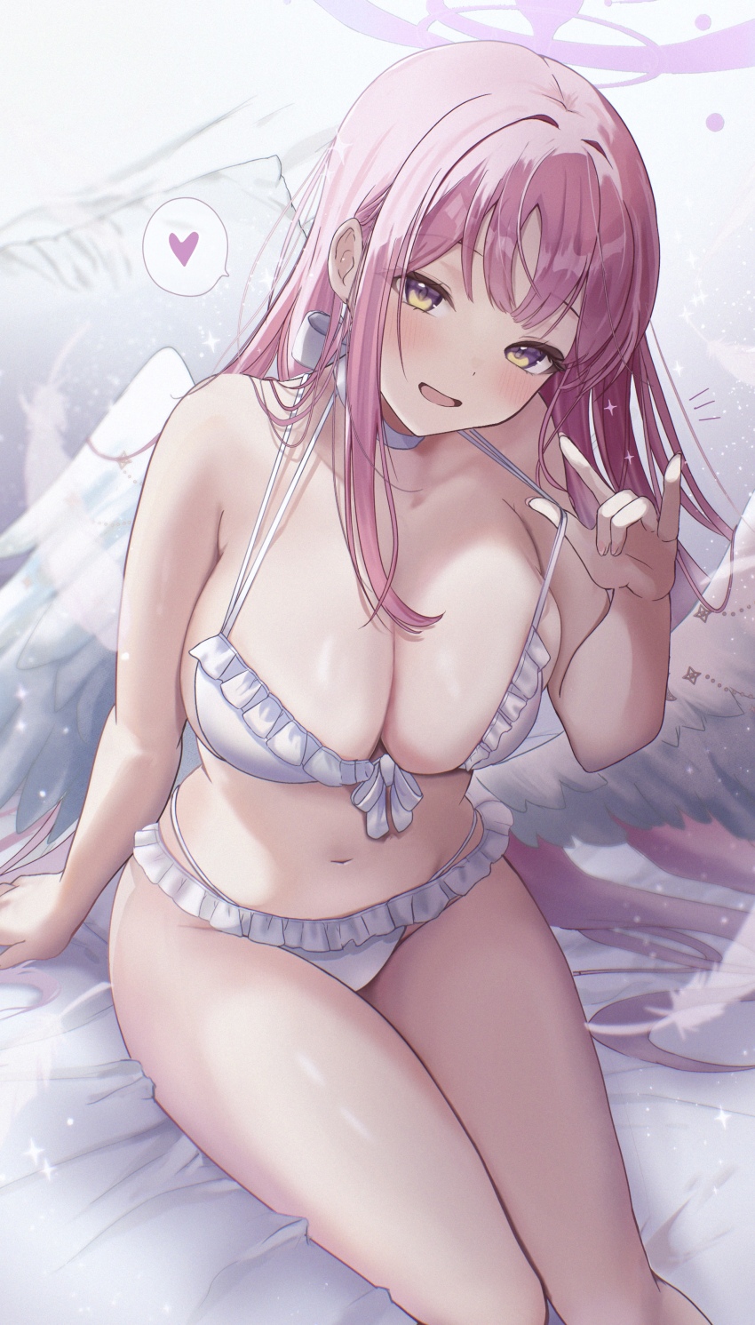 1girl :d \m/ absurdres bare_legs bed_sheet bikini blue_archive blush breasts choker commentary_request curvy deep_skin eyelashes feathered_wings feet_out_of_frame frilled_bikini frills front-tie_top halo heart highres kaniitama large_breasts long_hair looking_at_viewer mika_(blue_archive) mika_(swimsuit)_(blue_archive) navel notice_lines official_alternate_costume open_mouth paid_reward_available pink_hair revision ribbon-trimmed_bikini ribbon_trim seductive_smile sitting smile solo sparkle speech_bubble spoken_heart stomach straight_hair swimsuit thighs very_long_hair white_bikini white_choker white_wings wings yellow_eyes