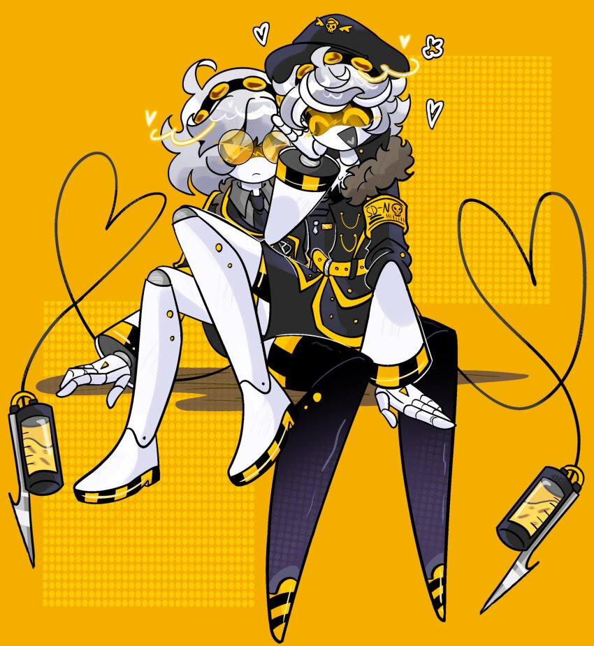 1boy 1girl android armband asymmetrical_eyelashes black_hat black_jacket face_filter fewer_digits fur_trim grey_hair hat highres horizontal-striped_socks humanoid_robot jacket machine mechanical_arms mechanical_head mechanical_legs murder_drones n_(murder_drones) open_mouth robot robot_girl rocket_boots screen sd_dja short-sleeved_jacket short_hair short_sleeves smile tail tuxedo_shirt two-tone_hat v_(murder_drones) white_hair yellow_armband yellow_eyes