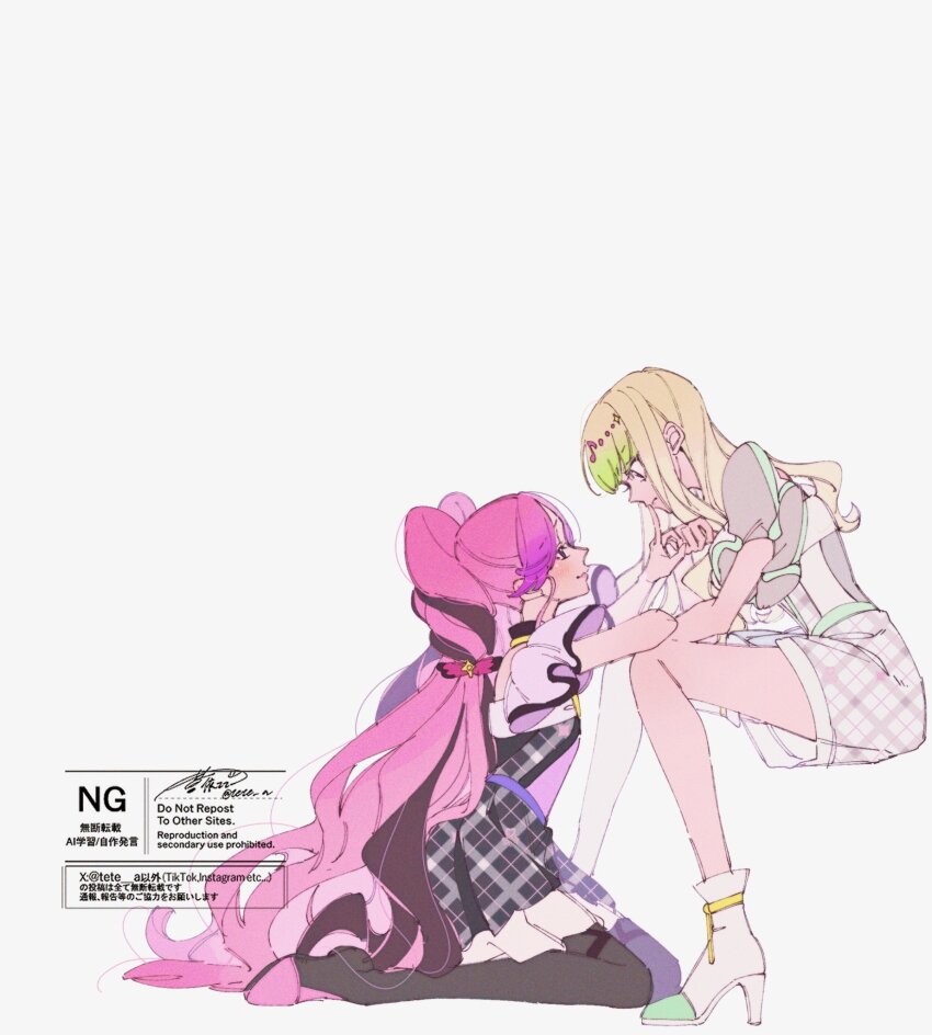 2girls aoi_tete artist_logo bare_arms bare_back bare_shoulders black_gloves black_hair black_socks blonde_hair blunt_bangs boots bracelet braid brooch bubble_skirt cheering choker cure_kiss cure_zukyuun dress earrings fortissimo frilled_dress frilled_skirt frilled_sleeves frills gingham gingham_dress gloves gradient_background green_hair hair_ornament hair_ribbon hair_tie hand_on_another&#039;s_knee hand_on_another&#039;s_mouth high_heels highres jewelry kimi_to_idol_precure kneehighs logo long_hair meroron_(human_form) multiple_girls musical_note musical_note_hair_ornament parted_bangs pink_hair precure puffy_short_sleeves puffy_sleeves purirun_(human_form) ribbon short_sleeves sideways signature single_bare_leg single_kneehigh single_sock sitting sitting_sideways skirt sleeveless socks twin_braids twintails twitter_username very_long_hair wariza watermark white_background