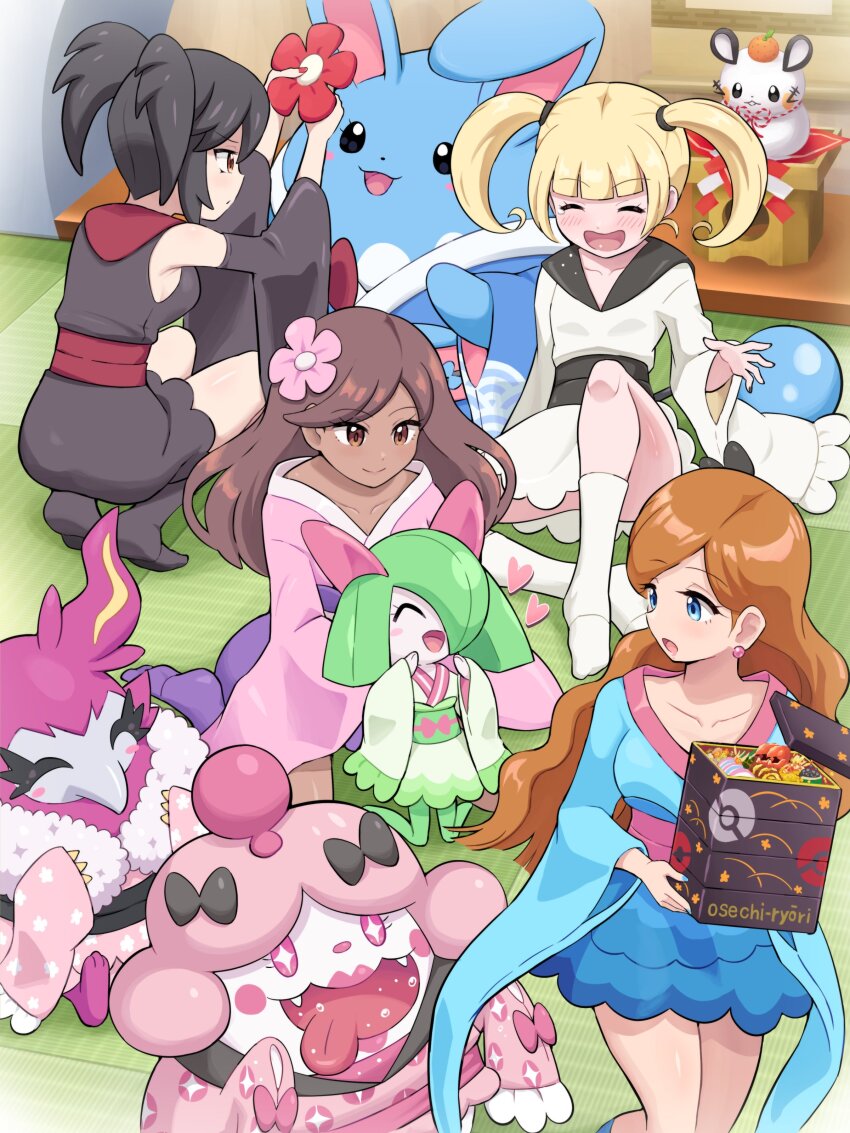 4girls absurdres azumarill bare_shoulders black_hair blonde_hair blue_eyes blunt_bangs blush breasts brown_eyes brown_hair dark-skinned_female dark_skin dedenne detached_sleeves earrings flower furisode furisode_girl_(pokemon) furisode_girl_blossom furisode_girl_kali furisode_girl_katherine furisode_girl_linnea gen_2_pokemon gen_3_pokemon gen_6_pokemon hair_flower hair_ornament highres holding japanese_clothes jewelry kimono kirlia long_hair multiple_girls nail_polish nintendo open_mouth pokemoa pokemon pokemon_(creature) pokemon_xy slurpuff smile socks spritzee twintails wide_sleeves yellow_eyes