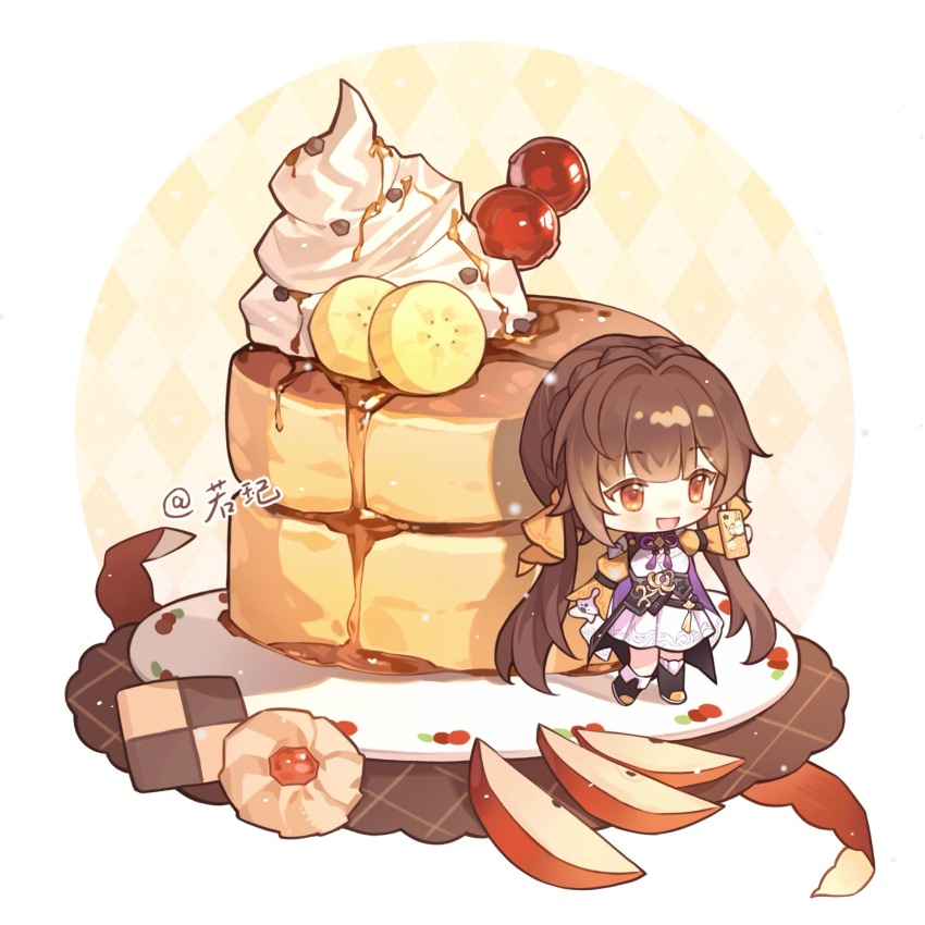 1girl :d apple apple_slice banana banana_slice brown_eyes brown_hair cellphone checkerboard_cookie chibi chibi_only chinese_commentary commentary_request cookie dress food fruit hair_ribbon highres holding holding_phone honkai:_star_rail honkai_(series) open_mouth pancake pancake_stack phone plate ribbon ruo_qi smartphone smile solo standing sushang_(honkai:_star_rail) whipped_cream white_dress yellow_ribbon