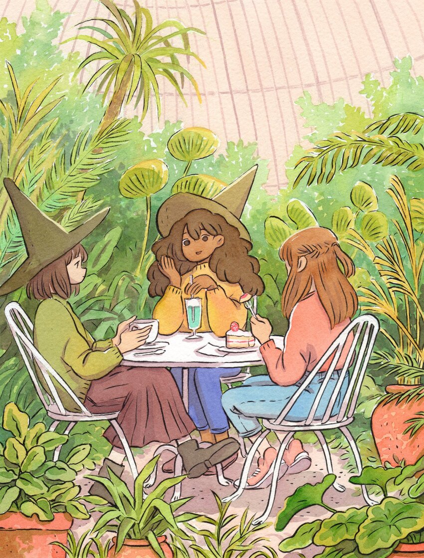 3girls blue_pants boots botanical_garden braid brown_boots brown_eyes brown_hair brown_skirt cake cake_slice commentary cup curly_hair drinking_glass drinking_straw english_commentary foliage food fork garden green_hat green_sweater hair_between_eyes half_up_half_down_braid hat heikala highres holding holding_cup holding_drinking_straw holding_fork indoors long_hair looking_at_another medium_hair multiple_girls no_socks on_chair original palm_tree pants pink_shirt pink_shoes plant potted_plant shirt shoes skirt sneakers sweater table talking tree witch_hat yellow_sweater