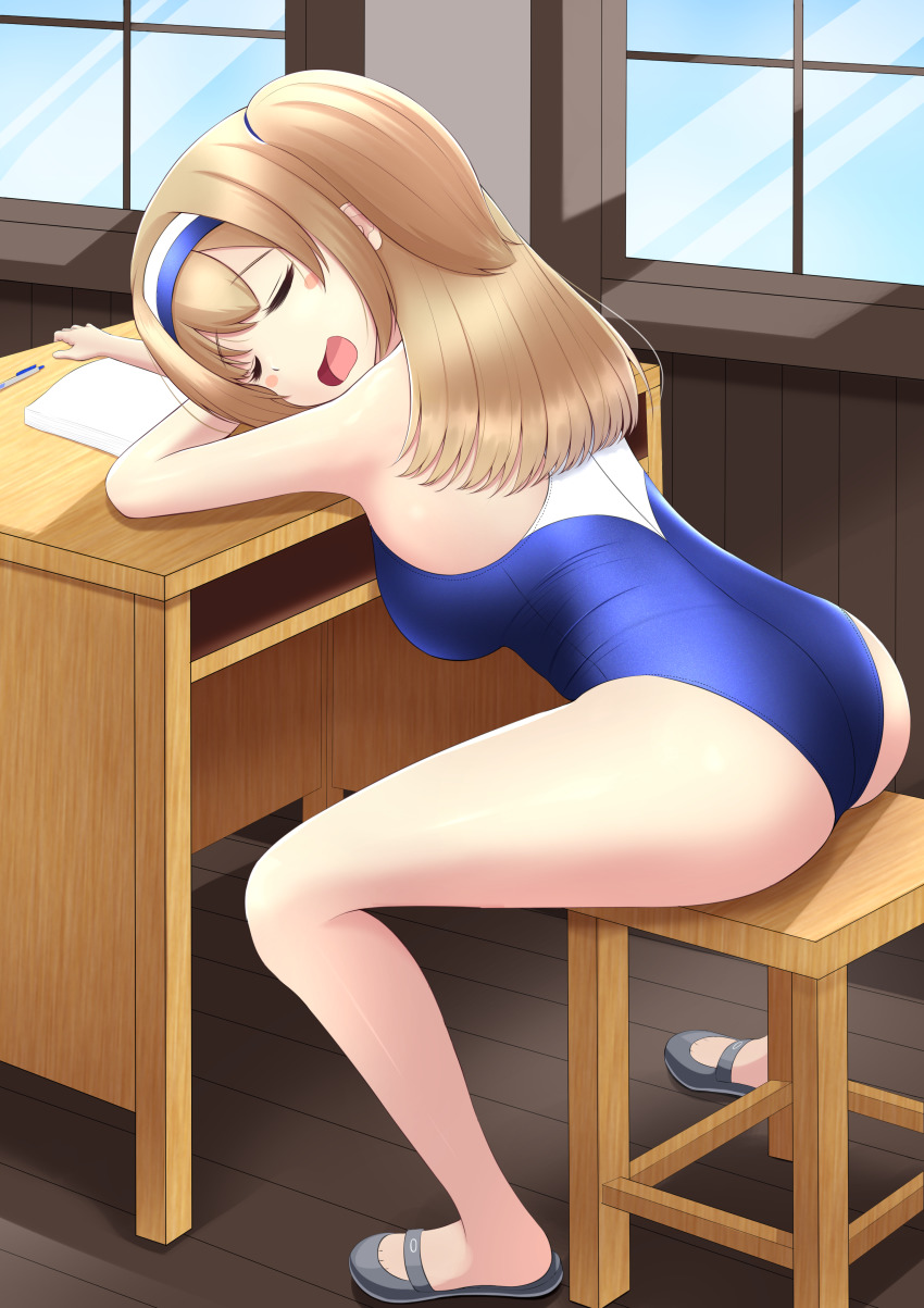 1girl absurdres ass blush_stickers commentary_request desk closed_eyes full_body hairband highres i-26_(kancolle) kantai_collection light_brown_hair long_hair new_school_swimsuit nokonoko one-piece_swimsuit sandals school_desk school_swimsuit sitting sleeping solo stool swimsuit two-tone_hairband two-tone_swimsuit two_side_up window
