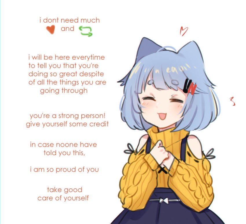 :d ^^^ absurdres animal_ears blue_hair blush bob_cut bow bow_skirt cable_knit cat_ears closed_eyes clothing_cutout commentary english_text facing_viewer hair_ornament hairclip heart highres hikimayu like_and_retweet long_sleeves neqo_(character) neqo_(neneneqo) open_mouth original ribbed_sweater short_eyebrows short_hair shoulder_cutout simple_background skirt sleeves_past_wrists smile suspender_skirt suspenders sweater symbol-only_commentary text_focus thick_eyebrows turtleneck turtleneck_sweater upper_body white_background white_bow yellow_sweater