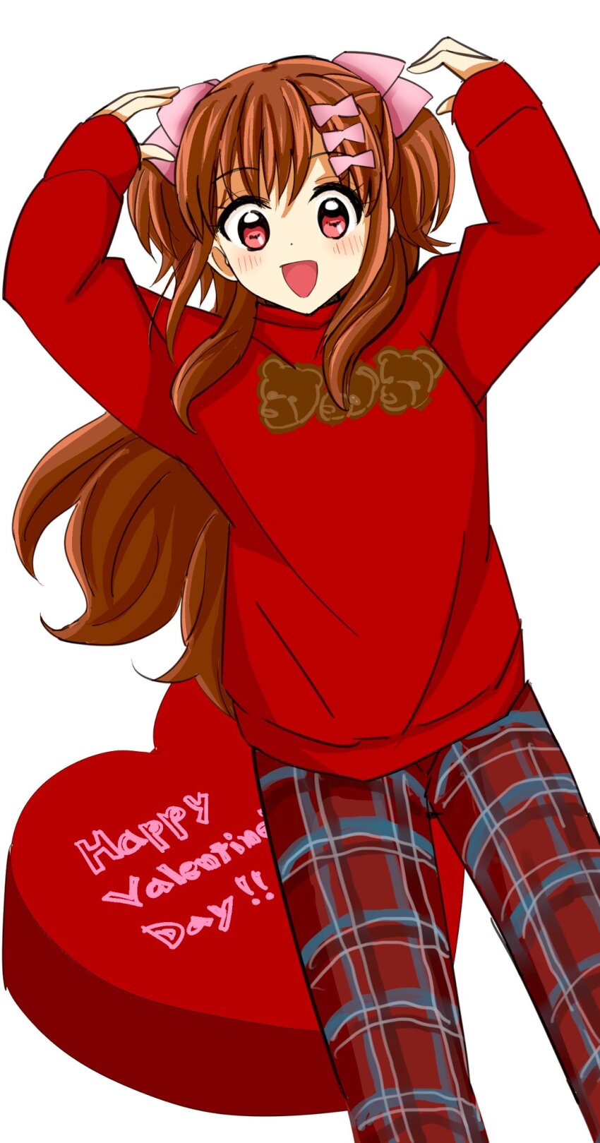 1girl 22/7 :d bow brown_eyes brown_hair feet_out_of_frame hair_bow hair_ornament happy_valentine heart highres long_hair long_sleeves looking_at_viewer open_mouth pants pink_bow plaid_clothes plaid_pants qualitas_ayai red_pants red_shirt sera_honoka shirt smile solo standing two_side_up white_background