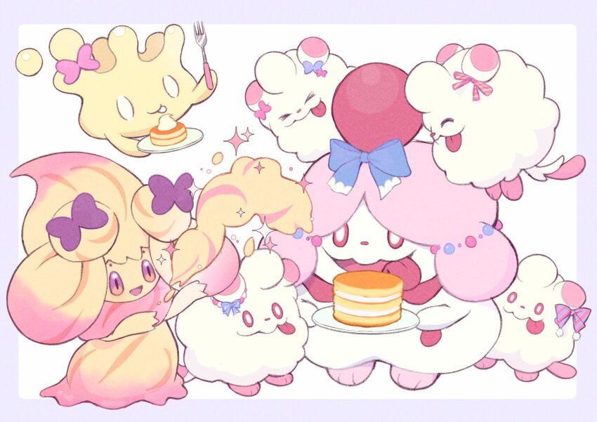 1girl :d alcremie alcremie_(ribbon_sweet) alcremie_(ruby_swirl) blonde_hair bow bright_pupils food food-themed_creature full_body gen_6_pokemon gen_8_pokemon highres holding holding_plate long_hair looking_at_another looking_at_viewer milcery nintendo open_mouth pancake pancake_stack pink_bow pink_eyes pink_hair plate pokemon pokemon_(creature) purple_bow purple_eyes shiro_howa0 simple_background slurpuff smile standing swirlix tongue tongue_out white_background white_pupils