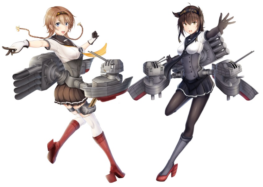 2girls ahoge ammunition_belt ammunition_box anchor_symbol ass black_bodysuit black_footwear black_hairband black_neckerchief black_skirt blue_eyes blush bodysuit boots braid breasts brown_hair brown_skirt cannon chou-10cm-hou-chan chou-10cm-hou-chan_(akizuki&#039;s) chou-10cm-hou-chan_(hatsuzuki&#039;s) chou-10cm-hou-chan_(teruzuki&#039;s) clothes_writing corset floating-hair from_behind full_body gloves grey_eyes hachimaki hair_between_eyes hair_flaps hair_ornament hairband hands_up hatsuzuki_(kancolle) headband high_heel_boots high_heels kantai_collection knee_boots leg_up light_brown_hair long_hair looking_at_viewer machinery medium_breasts multiple_girls neckerchief nekkusu_(nex_06) open_mouth outstretched_arm pleated_skirt propeller_hair_ornament red_footwear rigging rudder_footwear sailor_collar school_uniform serafuku ship_turret short_hair short_sleeves sidelocks simple_background skirt smile teeth teruzuki_(kancolle) thigh_strap thighhighs torpedo torpedo_launcher torpedo_tubes twin_braids twisted_torso upper_teeth_only white_background white_legwear yellow_eyes yellow_neckerchief