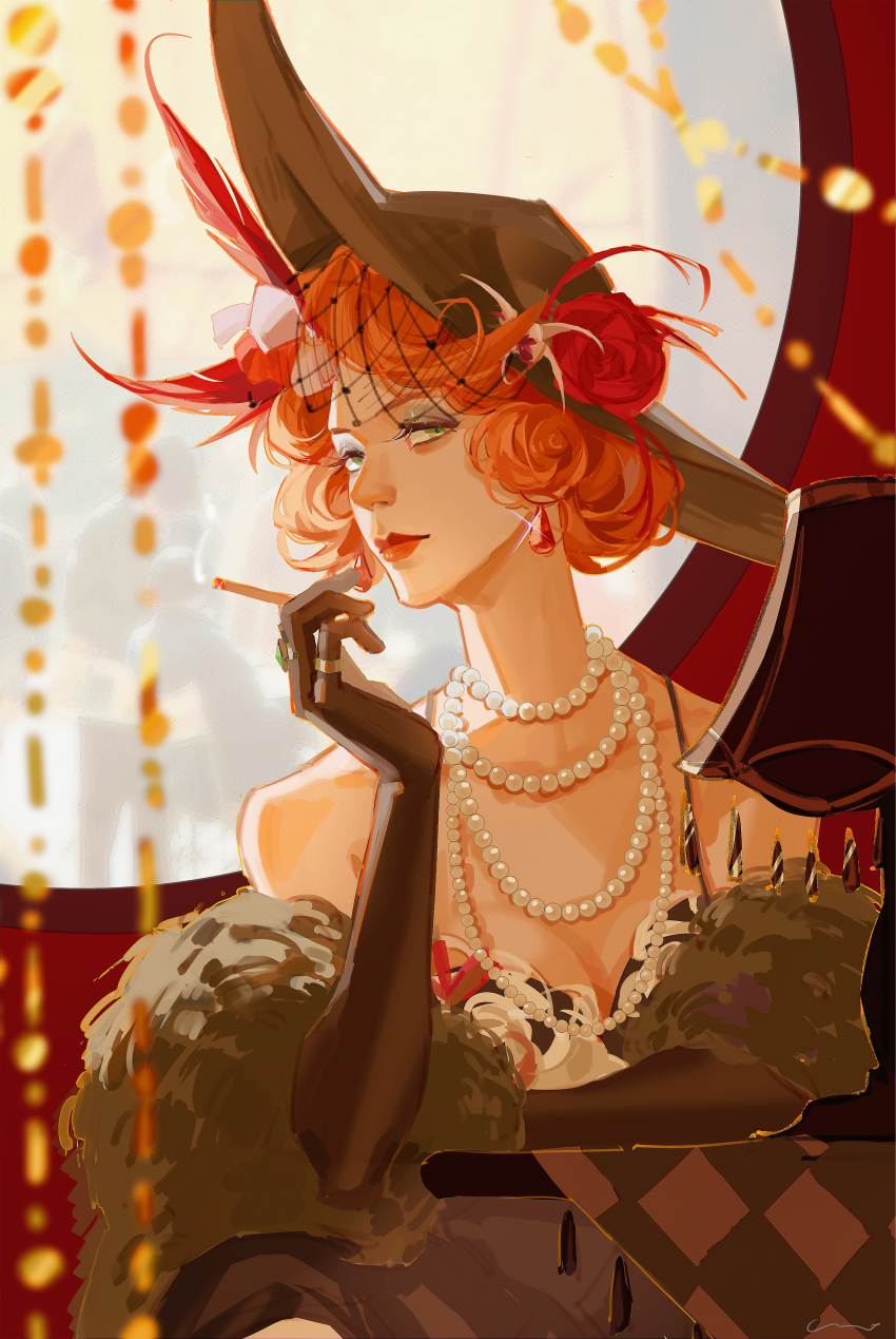 1girl absurdres arm_rest bare_shoulders bead_curtain black_dress black_gloves blue_eyeshadow blurry blurry_background blurry_foreground breasts c=o cigarette cleavage collarbone curly_hair desk_lamp dress earrings elbow_gloves eyeshadow feather_boa feathers fishnet_fabric floating_earrings flower gem gloves green_eyes hat hat_feather hat_flower highres holding holding_cigarette indoors jewelry lady_pearl_(path_to_nowhere) lamp large_hat lips looking_at_viewer makeup medium_breasts multiple_necklaces necklace orange_hair path_to_nowhere pearl_necklace people red_feathers red_flower red_gemstone red_lips ring round_window short_hair sideways_glance signature sleeveless sleeveless_dress smoke smoke_trail solo solo_focus window