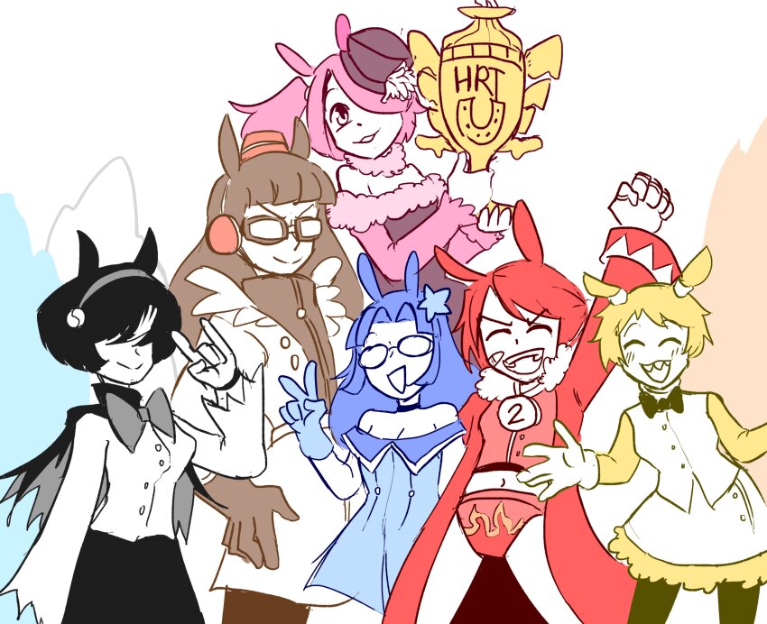 6+girls :3 \n/ absurdres animal_ears bandaid bandaid_on_face bare_shoulders belt black_bow black_dress black_gloves black_hair black_thighhighs blonde_hair blue_dress blue_gloves blue_hair blush bow bracelet breasts brown_coat brown_hair bullet&#039;n_board buttons censored cleavage closed_eyes coat comely_material_morning_(horse_race_tests) door_knob_(horse_race_tests) downtown_skybox dress earphones fez_hat flame_print fluffy_collar glasses gloves goggles grey_bow grey_eyes group_picture hair_ornament hair_over_eyes hair_over_one_eye hand_on_own_hip hand_up hat hat_feather high_collar highres holding holding_trophy horse_ears horse_race_tests horseshoe jacket jewelry long_hair long_sleeves looking_at_viewer medal medium_breasts midriff multicolored_jacket multiple_girls navel necklace no_pants outstretched_arms panties pink_hair pink_sleeves red_coat red_hair red_panties red_shirt resolute_mind_afternoon sharp_teeth shirt short_hair sign simple_background small_breasts smile smug star_(symbol) star_hair_ornament starlinkman striped_clothes striped_dress teeth thighhighs trophy two-tone_dress two-tone_jacket underwear upper_body upper_teeth_only v vertical-striped_clothes vertical-striped_dress white_background white_coat white_dress white_shirt white_sleeves yellow_(horse_race_tests) yellow_sleeves