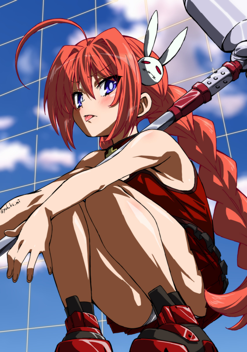 1girl :p ahoge anime_coloring bare_shoulders blue_eyes blush commentary_request dress flat_chest graf_eisen hair_ornament highres long_braid long_hair looking_at_viewer lyrical_nanoha mahou_shoujo_lyrical_nanoha panties panty_peek rabbit_hair_ornament red_dress red_hair short_dress solo squatting tongue tongue_out underwear vita_(nanoha) war_hammer weapon white_panties yuukami_(wittsu)