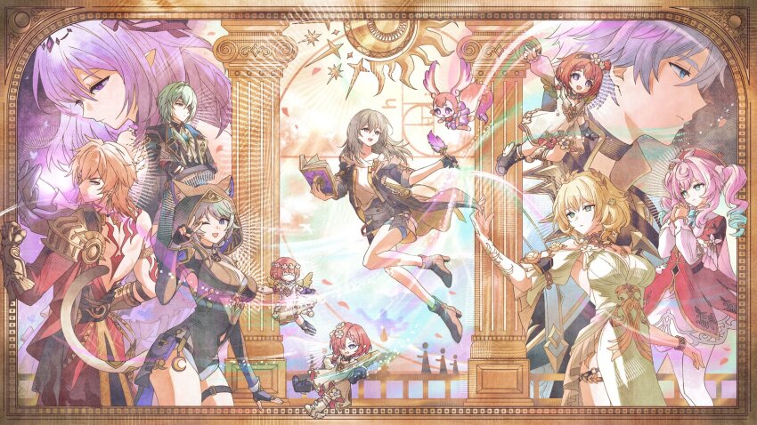 3boys 6+girls ;o aglaea_(honkai:_star_rail) anaxa_(honkai:_star_rail) ancient_greek_clothes angel_wings animal_ear_fluff animal_ears animal_hood architecture arm_tattoo armor armored_gloves asymmetrical_footwear back_tattoo black_boots black_coat black_gloves black_hairband black_leotard black_skirt blonde_hair blue_eyes book boots breasts castorice_(honkai:_star_rail) cat_ears cat_girl cat_hood cat_tail chrysos_heirs_(honkai:_star_rail) cipher_(honkai:_star_rail) coat commentary cross-shaped_pupils crossed_arms dress flower gloves gold_gloves greco-roman_architecture greco-roman_clothes green_hair grey_hair hair_flower hair_ornament hairband head_wreath highres holding holding_book holding_quill honkai:_star_rail honkai_(series) hood hyacine_(honkai:_star_rail) large_breasts laurel_crown leotard mem_(honkai:_star_rail) mising_0033 mismatched_footwear multiple_boys multiple_girls mydei_(honkai:_star_rail) one_eye_closed own_hands_together pauldrons phainon_(honkai:_star_rail) pink_hair pointy_ears purple_eyes purple_hair quill red_tattoo shirt shoulder_armor single_pauldron skirt stelle_(honkai:_star_rail) stone_pillar symbol-only_commentary symbol-shaped_pupils tail tattoo thighs trailblazer_(honkai:_star_rail) trianne_(honkai:_star_rail) tribbie_(honkai:_star_rail) trinnon_(honkai:_star_rail) triplets white_boots white_dress white_hair white_shirt winged_boots wings