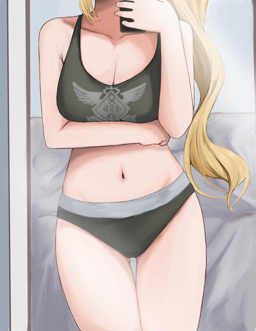 1girl alternate_breast_size_(larger) arm_under_breasts black_panties black_tank_top breasts cleavage commentary english_commentary head_out_of_frame highres holding holding_phone large_breasts long_hair luciana_de_montefio midriff mirror_selfie navel niwasa_izuna panties phone reflection selfie solo tank_top thighs underwear very_long_hair zenless_zone_zero