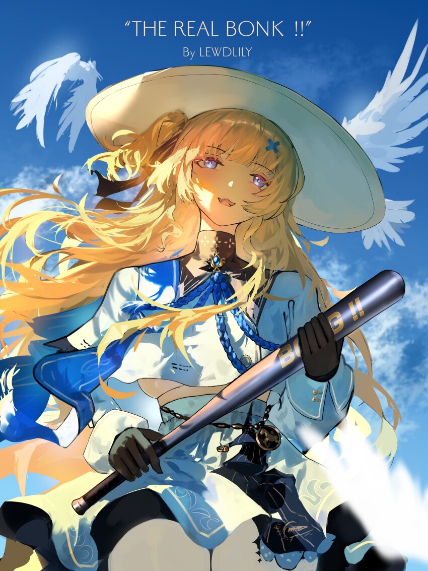1girl absurdres baseball_bat black_bow black_collar black_gloves blonde_hair blue_eyes blue_gemstone blue_sash blue_sky bow breasts collar commentary cowboy_shot day english_commentary english_text gem gloves hair_bow hair_ornament hat high-waist_skirt highres holding holding_baseball_bat lewdlily66 long_sleeves looking_at_viewer one_side_up open_mouth pantyhose phoebe_(wuthering_waves) sash shirt skirt sky smile solo tacet_mark_(wuthering_waves) underboob white_hat white_pantyhose white_shirt white_skirt wind wuthering_waves x_hair_ornament