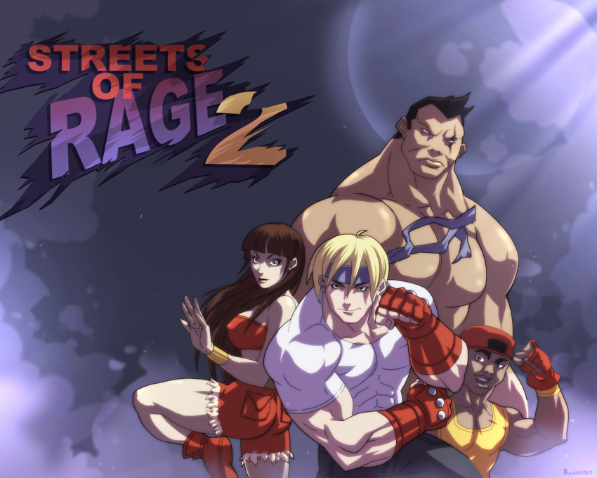 1girl 3boys :d abs angry anime_screenshot ankle_boots ass axel_stone backwards_hat bandana bandeau bare_knuckle_ii:_shitou_he_no_chinkonka bare_shoulders baseball_cap black_hair blaze_fielding blonde_hair blunt_bangs boots breasts brown_hair clenched_hands copyright_name covered_erect_nipples cutoffs dark_skin denim denim_shorts everyone fighting_stance fingerless_gloves fog frown full_moon gloves hat headband height_difference large_breasts leg_lift light_smile lipstick long_hair looking_at_viewer luis! makeup max_hatchett max_thunder midriff moon moonlight multiple_boys muscular night night_sky open_mouth outdoors pants red_gloves sammy_hunter scar scar_across_eye scar_on_face sega shirt short_hair short_shorts short_sleeves shorts signature skate_hunter skin_tight sky smile standing standing_on_one_leg streets_of_rage streets_of_rage_2 t-shirt tank_top topless_male vambraces very_long_hair