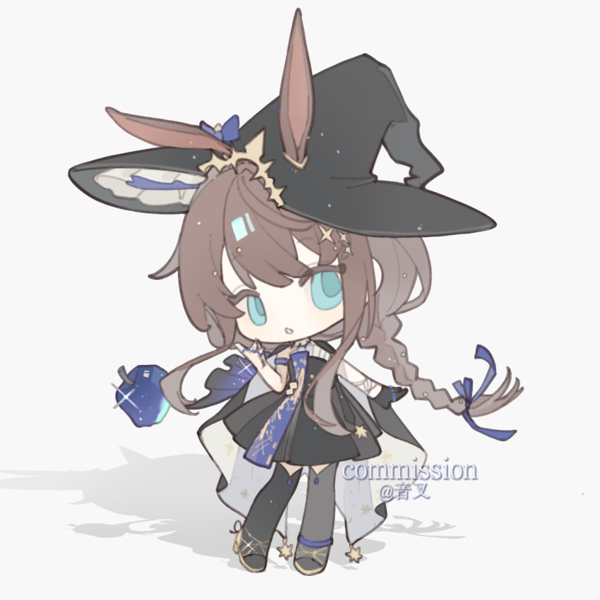 1girl :o ambience_synesthesia amiya_(medic)_(solo_around_the_world)_(arknights) amiya_(arknights) animal_ears arknights artist_name black_cape black_dress black_footwear black_gloves black_hat black_thighhighs blue_apple blue_eyes brown_hair cape chibi commission crystal_apple dress ears_through_headwear full_body gloves hand_up hat long_hair looking_at_viewer low-braided_long_hair low-tied_long_hair official_alternate_costume rabbit_ears rabbit_girl shadow short_dress single_glove sleeveless sleeveless_dress solo standing tansuangai_fenmo thighhighs watermark white_background witch_hat