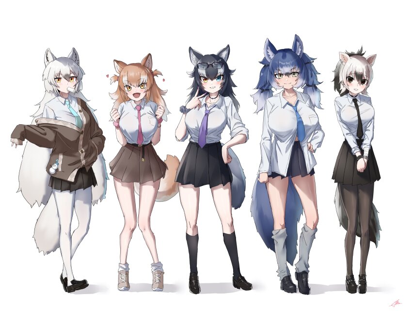 5girls aardwolf_(kemono_friends) absurdres alternate_costume animal_ears arctic_wolf_(kemono_friends) black_hair black_necktie black_pantyhose black_shoes black_skirt black_socks blue_eyes blue_hair blue_necktie blue_skirt blush brown_eyes brown_hair brown_jacket brown_shoes brown_skirt collared_shirt dire_wolf_(kemono_friends) eyewear_on_head food green_necktie grey_socks grey_wolf_(kemono_friends) hair_between_eyes heart heterochromia highres jacket japanese_wolf_(kemono_friends) kemono_friends loafers long_hair long_sleeves looking_at_viewer loose_clothes loose_shirt loose_socks mogurii multiple_girls necktie open_mouth orange_eyes own_hands_together pantyhose pink_necktie pleated_skirt ponytail popsicle purple_necktie school_uniform shirt shirt_tucked_in shoes short_hair short_sleeves sidelocks skirt sleeves_rolled_up smile sneakers snowman socks tail twintails white_hair white_pantyhose wolf_ears wolf_girl wolf_tail yellow_eyes