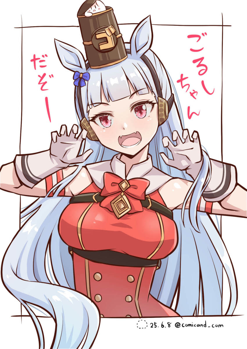 1girl 1other animal_ears blue_bow blunt_bangs bow bowtie breasts claw_pose dated ear_bow fangs gold_ship_(umamusume) grey_hair highres horse_ears horse_girl large_breasts long_hair looking_at_viewer pillbox_hat purple_eyes red_bow red_bowtie shiromaru_(maniado) skin_fangs solo_focus twitter_username umamusume upper_body