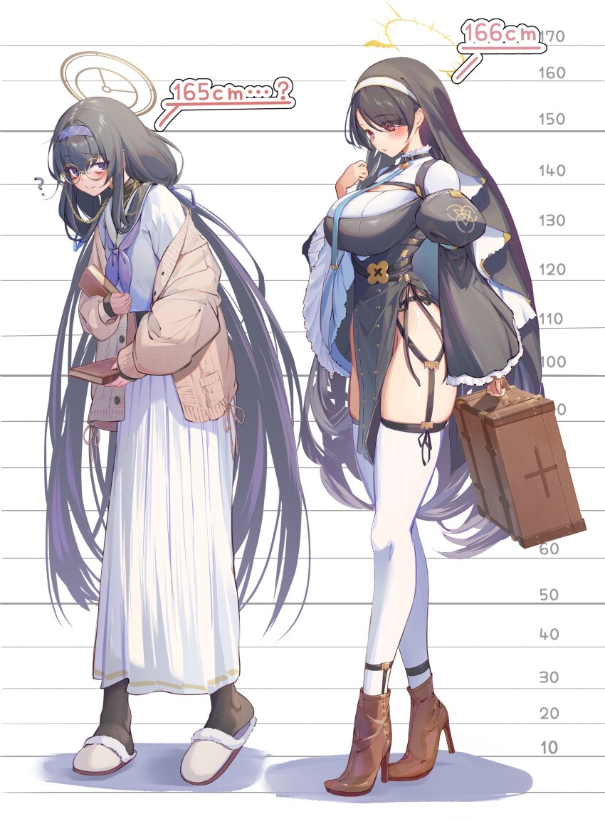 2girls ? absurdres ankle_boots black_dress black_hair blue_archive blush book boots breasts brown_boots brown_cardigan brown_halo cardigan coif commentary_request dress eyewear_strap garter_straps glasses hair_between_eyes hairband halo height height_chart high_heel_boots high_heels highres hinata_(blue_archive) holding holding_book holding_suitcase large_breasts long_hair long_skirt long_sleeves looking_back multiple_girls neckerchief nun off_shoulder open_cardigan open_clothes pelvic_curtain pleated_skirt puffy_long_sleeves puffy_sleeves purple_eyes purple_hairband purple_neckerchief red_eyes round_eyewear sailor_collar school_uniform serafuku shirt sideways_glance skirt slippers slouching standing suitcase syafa thighhighs ui_(blue_archive) very_long_hair white_sailor_collar white_serafuku white_shirt white_skirt white_thighhighs winged_halo yellow-framed_eyewear yellow_halo