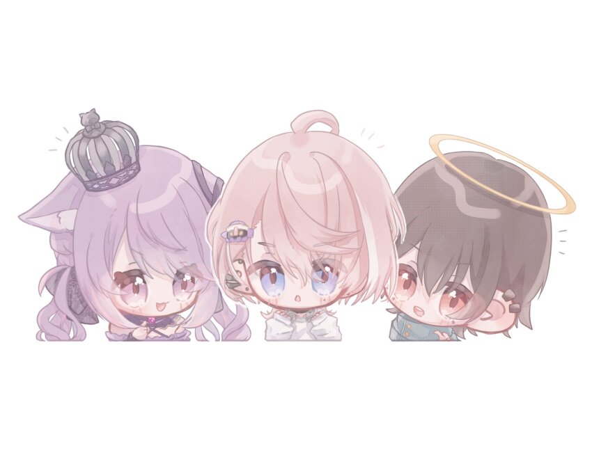 1girl 2boys ahoge animal_ears black_bow black_collar black_ribbon blue_eyes blush bow brown_hair cat_ears chibi collar commentary criss-cross_halter crown detached_collar ear_ribbon earrings hair_bow halo halterneck highres ina_uruu indie_virtual_youtuber jewelry long_hair looking_at_viewer minase_(neo-porte) mini_crown multicolored_hair multiple_boys nanashi_inc. natsume_sensei neo-porte open_mouth pink_eyes pink_hair ribbon round_teeth shirt simple_background smile symbol-only_commentary tada_no_ayateru teeth two-tone_hair upper_body upper_teeth_only virtual_youtuber white_background white_shirt