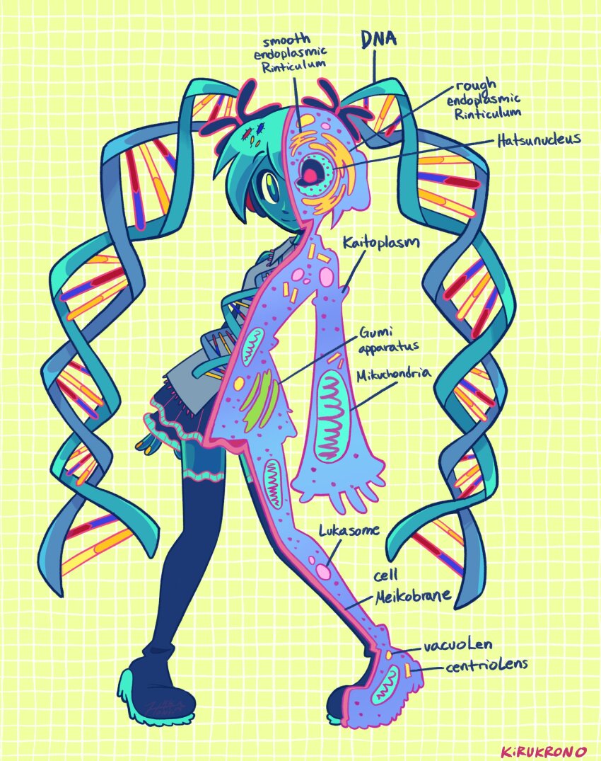 1girl absurdres aqua_hair aqua_necktie blue_boots blue_eyes blue_skin blue_skirt boots cell_(biology) cell_nucleus chromosome collared_shirt colored_skin commentary dna double_helix endoplasmic_reticulum english_commentary english_text fingernails full_body golgi_apparatus green_background grey_shirt grid_background hatsune_miku highres kirukrono leaning_back long_hair miniskirt mitochondria necktie pigeon-toed pleated_skirt pun science shirt signature skirt smile solo standing thigh_boots thighhighs twintails very_long_hair vocaloid worldwide_miku x-ray yellow_nails zettai_ryouiki