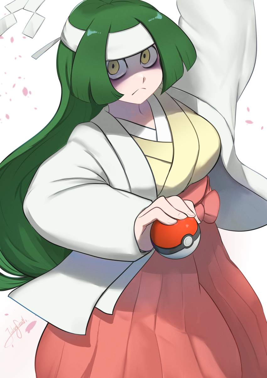 1girl breasts channeler_(pokemon) closed_mouth commentary_request creatures_(company) falling_petals game_freak green_hair hakama headband highres holding holding_poke_ball japanese_clothes john_(a2556349) large_breasts long_hair nintendo petals pink_petals poke_ball poke_ball_(basic) pokemon pokemon_lgpe red_hakama shaded_face signature solo standing white_background white_headband yellow_eyes