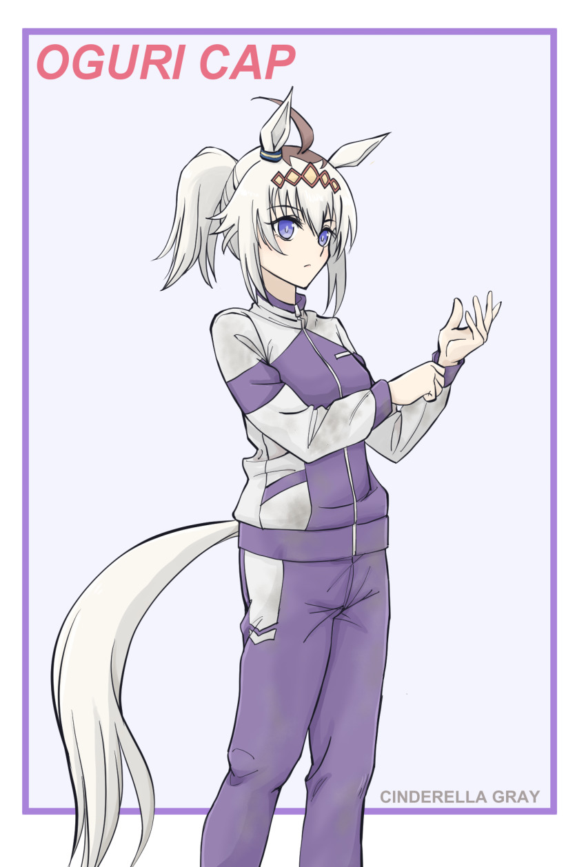 1girl adjusting_clothes ahoge animal_ears blue_background blue_border blue_eyes blue_jacket blue_pants border character_name closed_mouth commentary copyright_name dirty dirty_clothes ear_ornament grey_hair hair_ornament highres horse_ears horse_girl horse_tail jacket kasamatsu_tracen_training_uniform light_frown long_sleeves looking_at_viewer makijuu medium_hair oguri_cap_(umamusume) pants ponytail solo standing tail track_jacket track_pants umamusume umamusume:_cinderella_gray