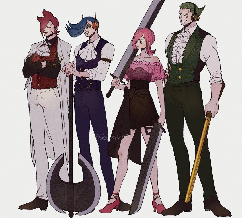 1girl 3boys ascot blue_hair brother_and_sister commentary_request crossed_arms curly_eyebrows dress full_body green_hair hair_over_one_eye headphones highres holding holding_sword holding_weapon larugo0513 looking_ahead multiple_boys one_piece pants pink_hair red_hair red_vest short_hair siblings simple_background smile sunglasses sword vest vinsmoke_ichiji vinsmoke_niji vinsmoke_reiju vinsmoke_yonji weapon white_ascot white_background white_pants