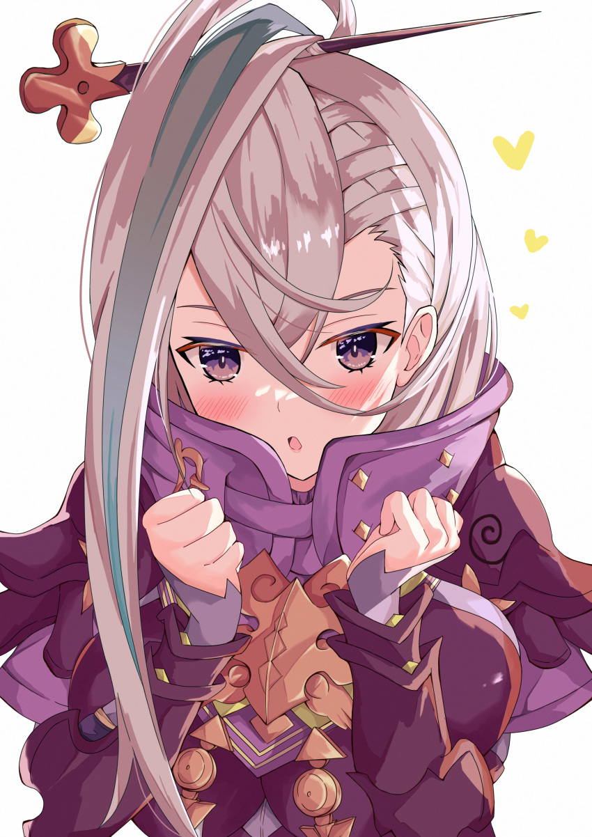 1girl absurdres armor blush breasts chinese_armor fate/grand_order fate_(series) female_focus hair_ornament highres huyan_zhuo_(fate) long_hair looking_at_viewer mitsuzuki_(ksvy3542) multicolored_hair open_mouth simple_background two-tone_hair white_background white_hair