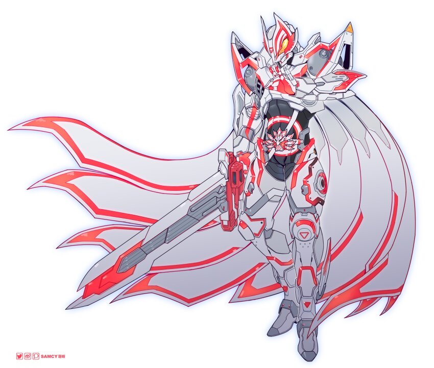 1boy absurdres armor bodysuit boost_mark_ix_buckle cape commentary desire_driver flaming_eye fox_mask geats_buster_qb9 glowing glowing_eyes gunblade helmet highres holding holding_sword holding_weapon kamen_rider kamen_rider_geats kamen_rider_geats_(series) kamen_rider_geats_ix light_particles male_focus mask pixiv_logo rider_belt solo sword tongzhen_ganfan twitter_logo watermark weapon weibo_watermark white_background yellow_eyes