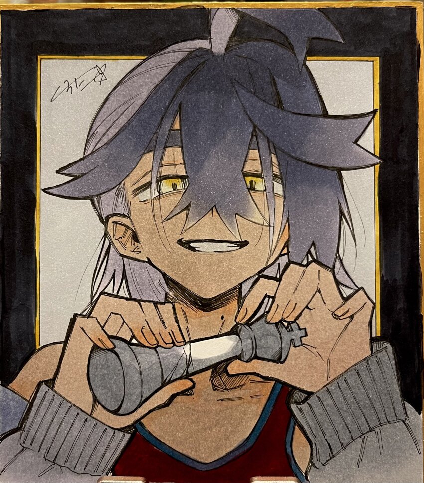 1boy absurdres ahoge chess_piece commentary_request crossed_bangs grey_jacket grin hair_between_eyes hands_up hei_tai_(kyaputen1) highres holding holding_chess_piece jacket kieran_(pokemon) long_sleeves male_focus medium_hair mole mole_on_neck nintendo off_shoulder pokemon pokemon_sv red_shirt shirt signature sleeveless sleeveless_shirt smile solo teeth traditional_media yellow_eyes