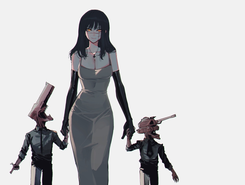 1girl 2boys black_gloves black_hair breasts chainsaw_man cleavage cross cross_scar dongtan_dress dress elbow_gloves facial_scar gloves grey_dress gun_devil_(chainsaw_man) highres holding_hands inverted_cross inverted_cross_necklace long_hair looking_at_viewer meme_attire mother_and_son multiple_boys ratatatat74 ringed_eyes scar scar_on_cheek scar_on_face scar_on_nose simple_background sleeveless sleeveless_dress solo tank_devil_(chainsaw_man) yellow_eyes yoru_(chainsaw_man)