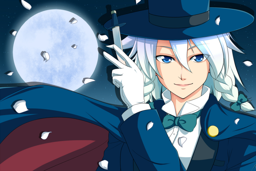 1girl bishoujo_senshi_sailor_moon black_vest blue_cape blue_eyes blue_hat blue_jacket bow bowtie braid cape chiba_mamoru chiba_mamoru_(cosplay) closed_mouth commentary_request cosplay full_moon gloves green_bow green_bowtie grey_hair hair_between_eyes hair_bow harukana_(pixiv) hat holding holding_knife izayoi_sakuya jacket knife long_bangs looking_at_viewer moon petals popped_collar red_cape shirt short_hair side_braids smile solo top_hat touhou tuxedo_kamen tuxedo_kamen_(cosplay) twin_braids two-sided_cape two-sided_fabric upper_body vest white_gloves white_shirt