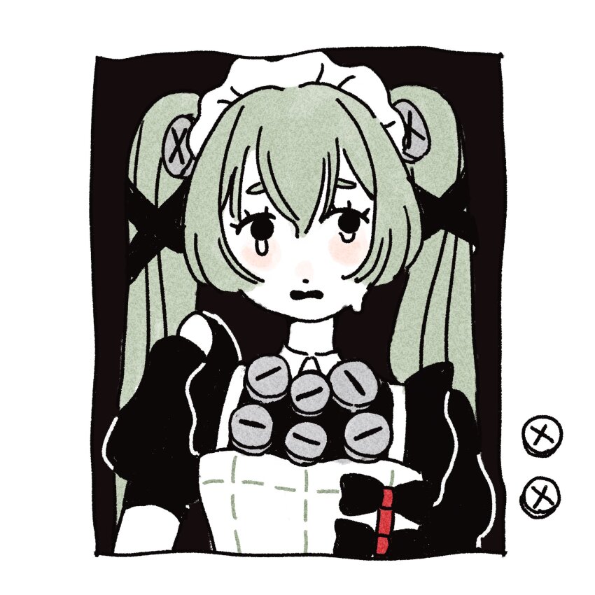 1girl apron black_background black_dress blush border bucket_hat_(buckethat_chan) corin_wickes crying crying_with_eyes_open dress frown green_hair highres long_hair looking_at_viewer maid maid_headdress open_mouth puffy_short_sleeves puffy_sleeves screw_hair_ornament short_sleeves simple_background solo tears twintails upper_body white_apron white_border zenless_zone_zero