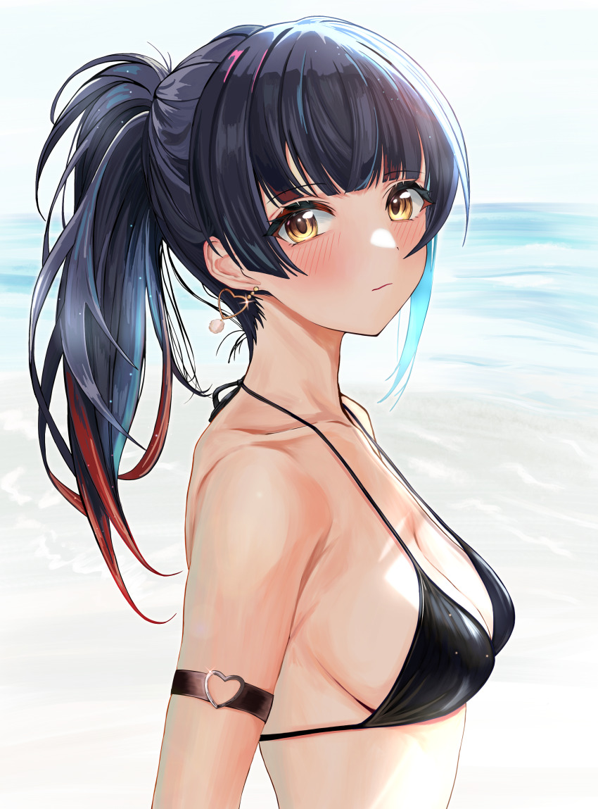 1girl absurdres beach bikini black_bikini blunt_bangs blush breasts commentary_request earrings halterneck heart heart_earrings heart_o-ring highres idolmaster idolmaster_shiny_colors jewelry long_hair looking_at_viewer mayuzumi_fuyuko medium_breasts o-ring o-ring_arm_strap outdoors ponytail sideboob solo string_bikini swimsuit upper_body yamanade38 yellow_eyes