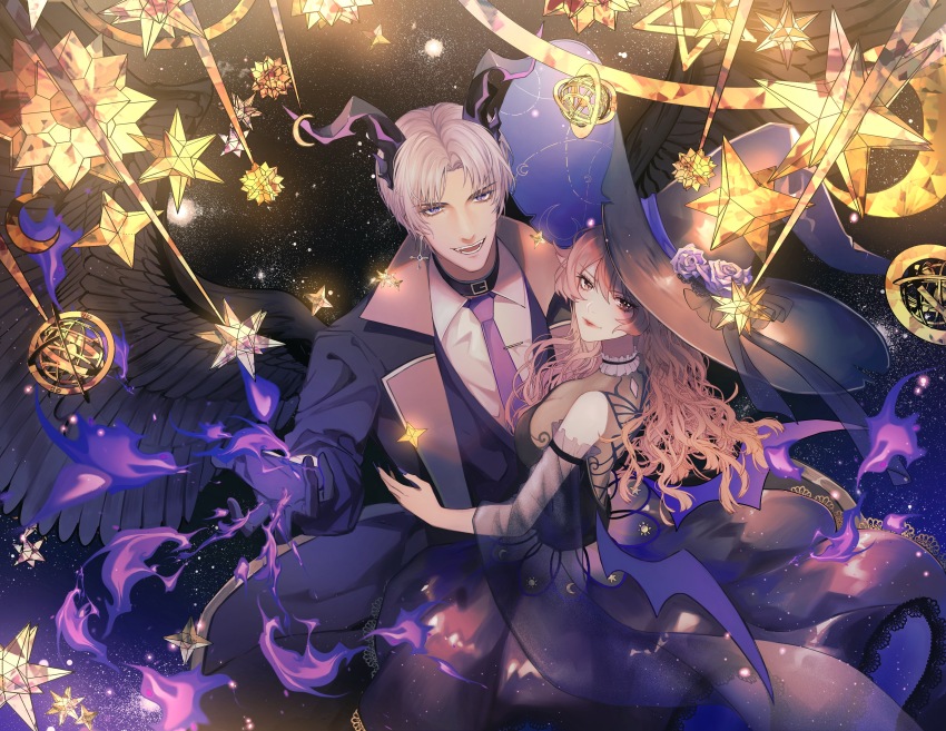 1boy 1girl :d absurdres animal_print armillary_sphere bare_shoulders bat_wings belt_collar black_background black_coat black_collar black_dress black_gloves black_hat black_horns black_ribbon black_vest black_wings breasts brown_eyes butterfly_print charlie_su chinese_commentary choker cleavage closed_mouth clothing_cutout coat collar collared_shirt couple cowboy_shot crescent crescent_print cross cross_earrings demon_horns detached_sleeves dress earrings fangs feathered_wings fingernails fire flower frilled_choker frills from_above gloves grey_hair hair_between_eyes hand_on_another&#039;s_hip hat hat_flower hat_ornament hat_ribbon hetero highres horns inverted_cross jewelry kocona lace lace-trimmed_dress lace_trim lapel_pin light_and_night_love light_particles lipstick long_fingernails long_hair long_sleeves looking_at_viewer looking_back looking_up makeup mini_wings mobile nail_polish necktie open_clothes open_coat open_mouth orange_lips parted_bangs protagonist_(light_and_night_love) purple_eyes purple_fire purple_flower purple_nails purple_necktie purple_rose purple_wings pyrokinesis ribbon rose see-through_cleavage see-through_clothes see-through_sleeves shirt short_hair single_earring sleeveless sleeveless_dress small_stellated_dodecahedron smile standing stellated_octahedron two-sided_fabric two-sided_headwear vest wavy_hair white_shirt wings witch_hat