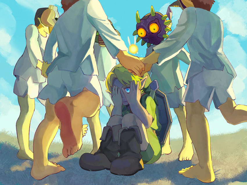 5boys barefoot blonde_hair blue_eyes blue_sky brown_footwear fairy green_headwear highres holding_hands link majora_(entity) male_focus mask moon_children multiple_boys nasagina nintendo peeking_through_fingers shield shield_on_back shirt short_hair shorts sky sword sword_on_back tatl the_legend_of_zelda the_legend_of_zelda:_majora&#039;s_mask weapon weapon_on_back white_shirt white_shorts young_link