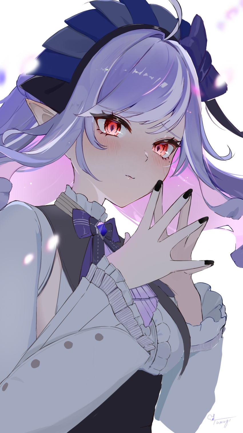 1girl absurdres artist_name black_nails blush bow bowtie gem hairband highres long_hair long_sleeves looking_at_viewer mole mole_under_eye pointy_ears purple_bow purple_bowtie purple_gemstone purple_hair red_eyes sidelocks signature simple_background solo steepled_fingers tumugi_sunohara upper_body vivian_banshee zenless_zone_zero