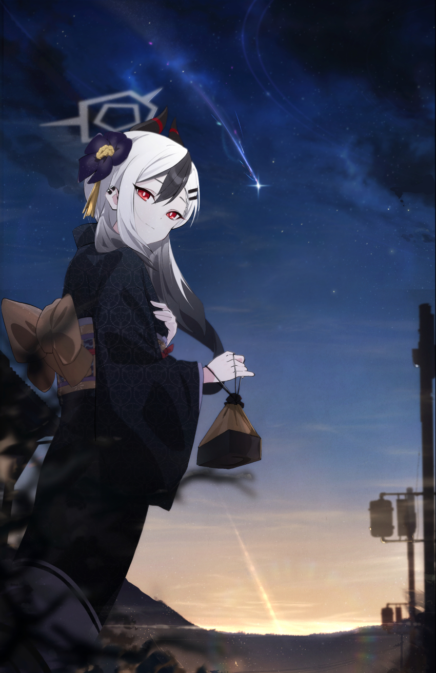 1girl absurdres bag black_hair black_horns blue_archive blue_kimono blurry closed_mouth commentary depth_of_field earclip flower grey_halo hair_flower hair_ornament halo hayate_(1034853996) highres holding holding_bag horns japanese_clothes kayoko_(blue_archive) kayoko_(new_year)_(blue_archive) kimono long_hair long_sleeves looking_at_viewer looking_back night night_sky obi official_alternate_costume outdoors ponytail red_eyes sash shooting_star sky solo sunrise utility_pole white_hair
