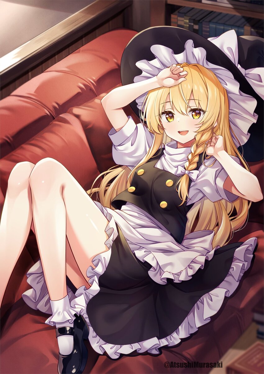 1girl :d apron ascot black_hat black_shoes black_skirt blonde_hair bobby_socks book couch frilled_apron frilled_skirt frills hat highres kirisame_marisa long_hair lying mary_janes murasaki_atsushi on_back on_couch open_mouth puffy_short_sleeves puffy_sleeves shirt shoes short_sleeves sidelocks skirt smile socks solo touhou turtleneck very_long_hair waist_apron white_apron white_shirt white_socks witch witch_hat yellow_ascot yellow_eyes
