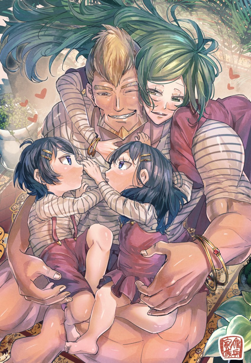 2boys 2girls absurdres aged_down alternate_costume beard blonde_hair blue_eyes blue_hair brother_and_sister female_byleth_(fire_emblem) male_byleth_(fire_emblem) child facial_hair family father_and_daughter father_and_son fire_emblem fire_emblem:_three_houses green_eyes green_hair hair_ornament hairclip highres jeralt_reus_eisner korokoro_daigorou mother_and_daughter mother_and_son multiple_boys multiple_girls muscular muscular_male nintendo one_eye_closed ponytail siblings sitri_(fire_emblem) yellow_eyes