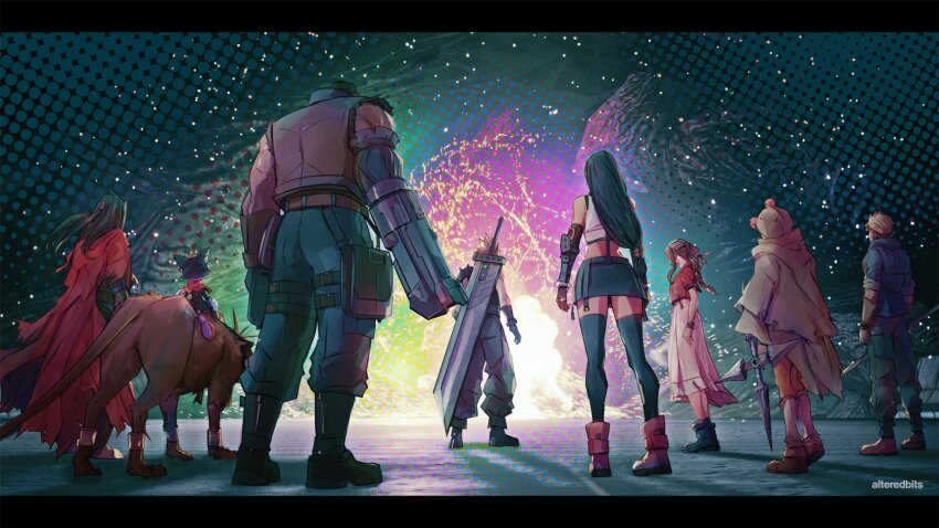 3girls 5boys aerith_gainsborough alteredbits animal_ears animal_hood artist_name baggy_pants bangle bare_shoulders barret_wallace black_bra black_fur black_gloves black_hair black_skirt black_thighhighs blonde_hair blue_jacket boots bra bracelet braid braided_ponytail brown_footwear brown_hair brown_vest buster_sword cait_sith_(final_fantasy) cape cat cid_highwind cloak cloud_strife commentary crop_top cropped_jacket crown dark-skinned_male dark_skin dress elbow_gloves elbow_pads english_commentary facing_away final_fantasy final_fantasy_vii final_fantasy_vii_rebirth final_fantasy_vii_remake full_body gloves green_pants headband highres holding holding_polearm holding_shuriken holding_weapon holster hood hood_up hooded_cloak jacket jewelry long_dress long_hair loose_socks low-tied_long_hair materia mini_crown miniskirt moogle multiple_boys multiple_girls orange_boots orange_fur pants pink_dress polearm prosthetic_weapon red_cape red_cloak red_footwear red_headband red_jacket red_xiii shirt shoes short_hair shuriken sidelocks single_bare_shoulder single_braid single_elbow_pad single_shoulder_pad skirt sneakers socks spiked_hair suspenders thigh_holster thighhighs tifa_lockhart two-tone_fur underwear vest vincent_valentine weapon weapon_on_back white_fur white_shirt yuffie_kisaragi