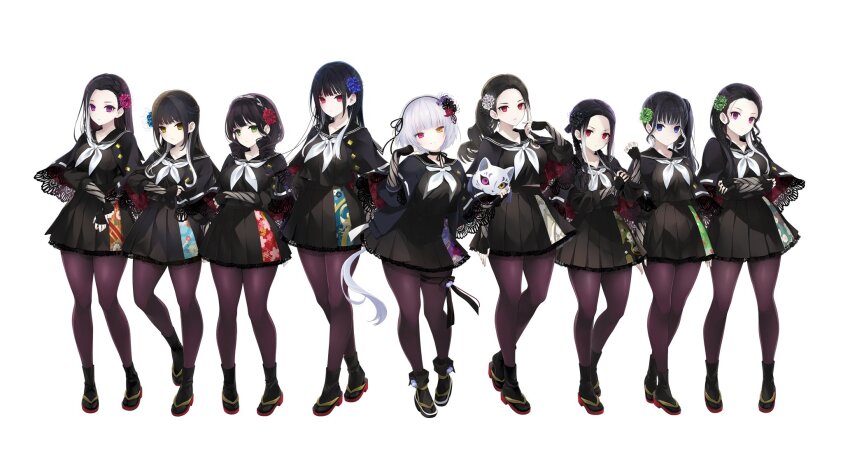 6+girls arms_under_breasts assault_lily asymmetrical_bangs black_capelet black_cardigan black_choker black_flower black_footwear black_gloves black_hair black_hairband black_ribbon black_sailor_collar black_serafuku black_shirt black_skirt blue_eyes blue_flower blunt_bangs bow_hairband braid breasts capelet cardigan choker commentary_request crossed_arms crown_braid elbow_gloves expressionless fingerless_gloves floral_print flower fox_mask full_body gloves green_eyes green_flower grin hair_behind_ear hair_flower hair_ornament hair_ribbon hairband hand_on_own_arm hand_on_own_wrist hands_up heel_up hei_no_hana heterochromia highres holding holding_mask hotaru_(ultraroly_poly) kanoe_no_hana kanoto_no_hana kou_no_hana lace lace-trimmed_capelet lace-trimmed_skirt lace_trim long_hair long_sleeves looking_ahead looking_at_viewer low_ponytail low_twin_braids low_twintails mask medium_breasts miniskirt mizunoe_no_hana multicolored_hair multiple_girls neck_ribbon neckerchief official_art okobo open_cardigan open_clothes otsu_no_hana pantyhose parted_bangs parted_lips pink_eyes pink_flower platform_sandals pleated_skirt ponytail print_skirt purple_eyes purple_flower purple_pantyhose red_eyes red_flower ribbon ribbon_choker sailor_collar sandals scar scar_across_eye scar_on_face school_uniform serafuku shirt short_hair side-by-side side_braids side_ponytail sidelocks simple_background skirt smile standing standing_on_one_leg streaked_hair tei_no_hana thigh_strap tsuchinoe_no_hana tsuchinoto_no_hana twin_braids twintails two-tone_hair unworn_mask v-shaped_eyebrows very_long_hair white_background white_flower white_hair white_neckerchief yellow_eyes