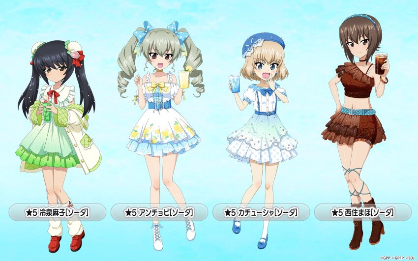 4girls anchovy_(girls_und_panzer) anglerfish bare_shoulders belt beret black_hair blonde_hair blue_background blue_belt blue_bow blue_dress blue_eyes blue_hat blue_shoes blush boots bow bracelet brown_dress brown_eyes brown_shirt character_name cherry cherry_print choker collarbone cup double_bun dress drill_hair drink drinking_glass drinking_straw earrings expressionless fang fish food food_print fruit fruit_print full_body girls_und_panzer girls_und_panzer_senshadou_daisakusen! gradient_background green_dress green_hair hair_bow hair_bun hairband hand_on_own_hip hat highres holding holding_cup holding_drink ice ice_cube jacket jewelry katyusha_(girls_und_panzer) layered_dress layered_skirt legs lemon lemon_print lemon_slice loafers long_hair long_sleeves looking_at_viewer loose_socks mary_janes multiple_girls neck_ribbon nishizumi_maho off_shoulder official_art polka_dot polka_dot_bow polka_dot_dress puffy_short_sleeves puffy_sleeves red_bow red_eyes red_ribbon red_shoes reizei_mako ribbon shirt shoes short_hair short_sleeves skirt sleeveless sleeveless_dress smile socks standing thigh_strap thighs translated twin_drills twintails white_dress white_shoes white_socks yellow_bow